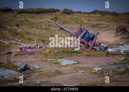 B-29 `Over Exposed` crash site, Glossop, England. The wreckage of the B-29 Superfortress stands as a memorial on the moors above Glossop, in the Peak Stock Photo